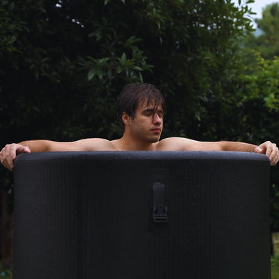 Garvnive Black Inflatable Ice Bath Tub with Buckle Details, suitable for indoor and outdoor use.